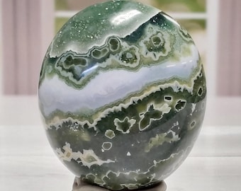Small 7th Vein Ocean Jasper Palm Stone - 1598 -Nurturing Crystal, 7th Vein Ocean Jasper, Earthy Greens, Natural, Leaf and Footprint Patterns