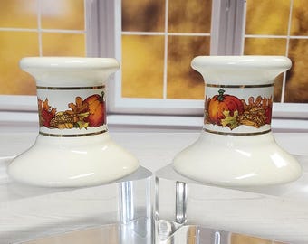 Vintage American Greetings Taper Candle Holders - Ceramic, Autumn Decor, Harvest Motif, Thanksgiving Decor, Pumpkin Design, Gold Trim, Set