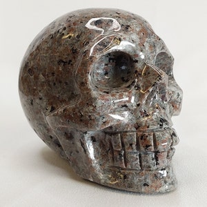 May include: A detailed, hand-carved granite skull sculpture. The skull is a dark gray color with red and brown flecks throughout. The skull is polished and has a glossy finish.