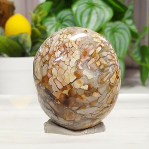 May include: A polished, egg-shaped stone with a mosaic pattern of beige, brown, and cream colors. The stone is set on a small, gray base. The background features green plants and a glimpse of a yellow object.