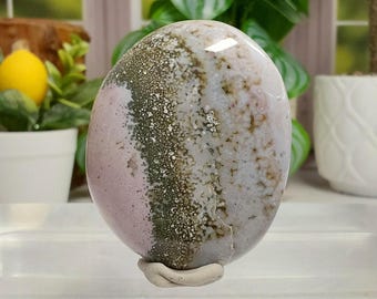 Veinless Ocean Jasper Palm Stone - 1353 -Calming Stone, Natural, Polished, Gorgeous Pastel Pink, Yellow and Green, Beautiful Patterns