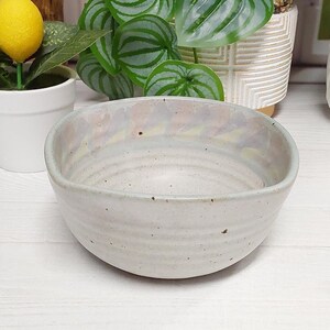 May include: A round, speckled ceramic bowl with a light gray base color. The interior rim features a decorative band of soft, muted pastel brushstrokes in shades of pink, blue, and yellow. The exterior surface has subtle horizontal ridges.