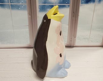 Large Vintage Ceramic Penguin Bank - SA117 - Hand Painted, 1981, Large Penguin Bank, Pretty Pink Flowers, Felted Bottom, Collectable, Unique