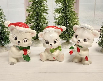 Vintage Christmas Bear Figurine Set -SA58 - Grayish White Bears, 3 in the Set,  Bears with Santa Hats, Vintage Christmas, Vintage Bears