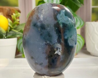 8th Vein Blue Ocean Jasper Palm Stone - 1368 - Gorgeous Orbs, Has Red and Green, Ocean Energy, Calming, Transparent, Gift Idea, Quality