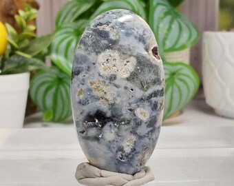Ocean Jasper Palm Stone - 1839 -  Blue, Gray, Green and White, Caves, A Little Sparkle, Some Orange, Oval Shape