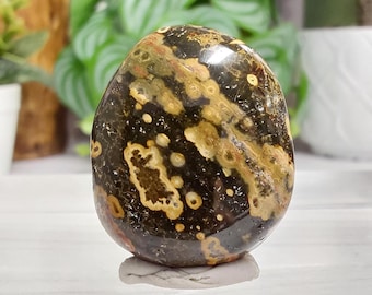 Small Kabamby Jasper Palm Stone - 1840 - Nurturing Crystal, Beautiful Green, and a Vibrant Gold, Some Red, Tiny Caves