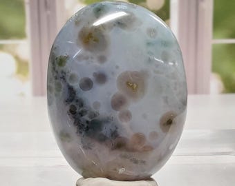 8th Vein Blue Ocean Jasper Palm Stone - 1358 - Gorgeous Orbs, Small Amount of Red and Green, Ocean Energy, Calming, Transparent, Gift Idea