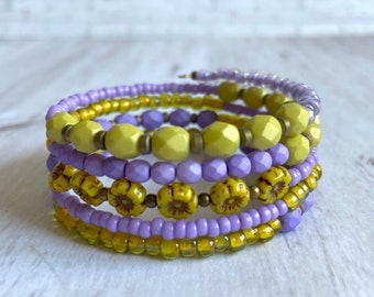 Memory Wire Bangle - Memory Wire Cuff Bracelet - Wrap Around Boho Bracelet - Memory Wire Wrap Bracelet - Multilayered Beaded Bracelet