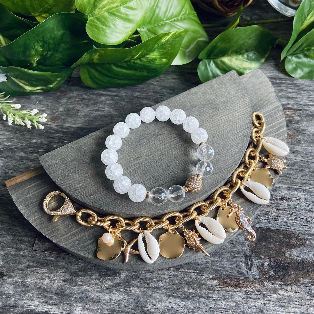 Beach Bracelet Set, Seashell Charm Bracelet, Gemstone Stretch Bracelet, Stacking Boho Chic ...