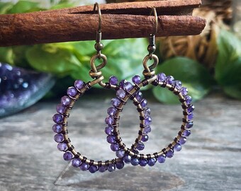 Round purple boho artisan earrings, Hoop earrings, Gemstone beaded earrings, Wire wrapped brass earrings, Bohemian amethyst earrings