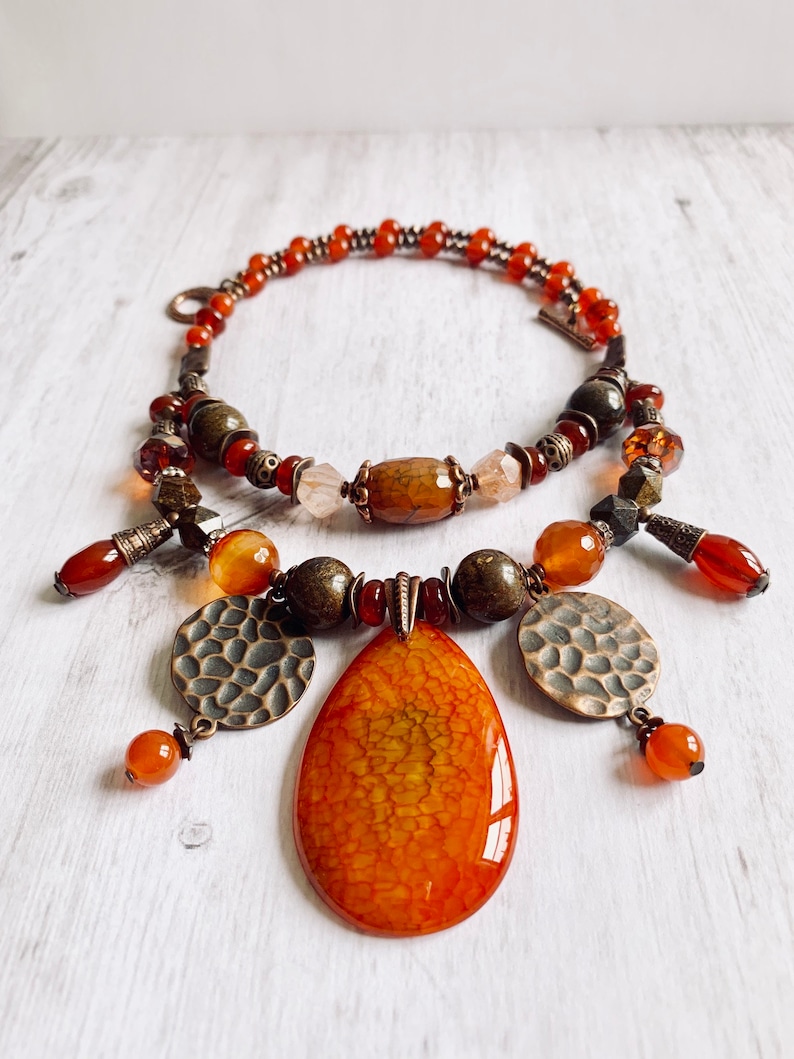 Orange agate necklace Gemstone necklace Pendant Necklace,Gift for her Chocker necklace Vibrant summer necklace Boho statement necklace