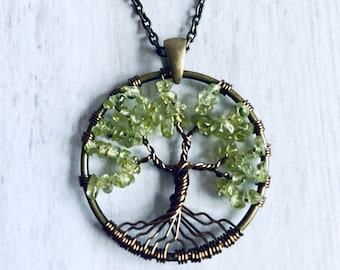 Tree of life gemstone necklace, Peridot tree of life necklace, Tree of life wrapped necklace, Wire wrapped peridot necklace