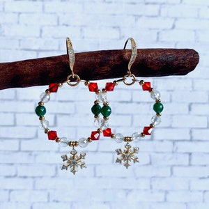 Gold statement earrings, Gold snowflake earrings, Cubic Zirconia earrings, Small Hoop earrings,Dangle hoop gold earrings,Gift for her