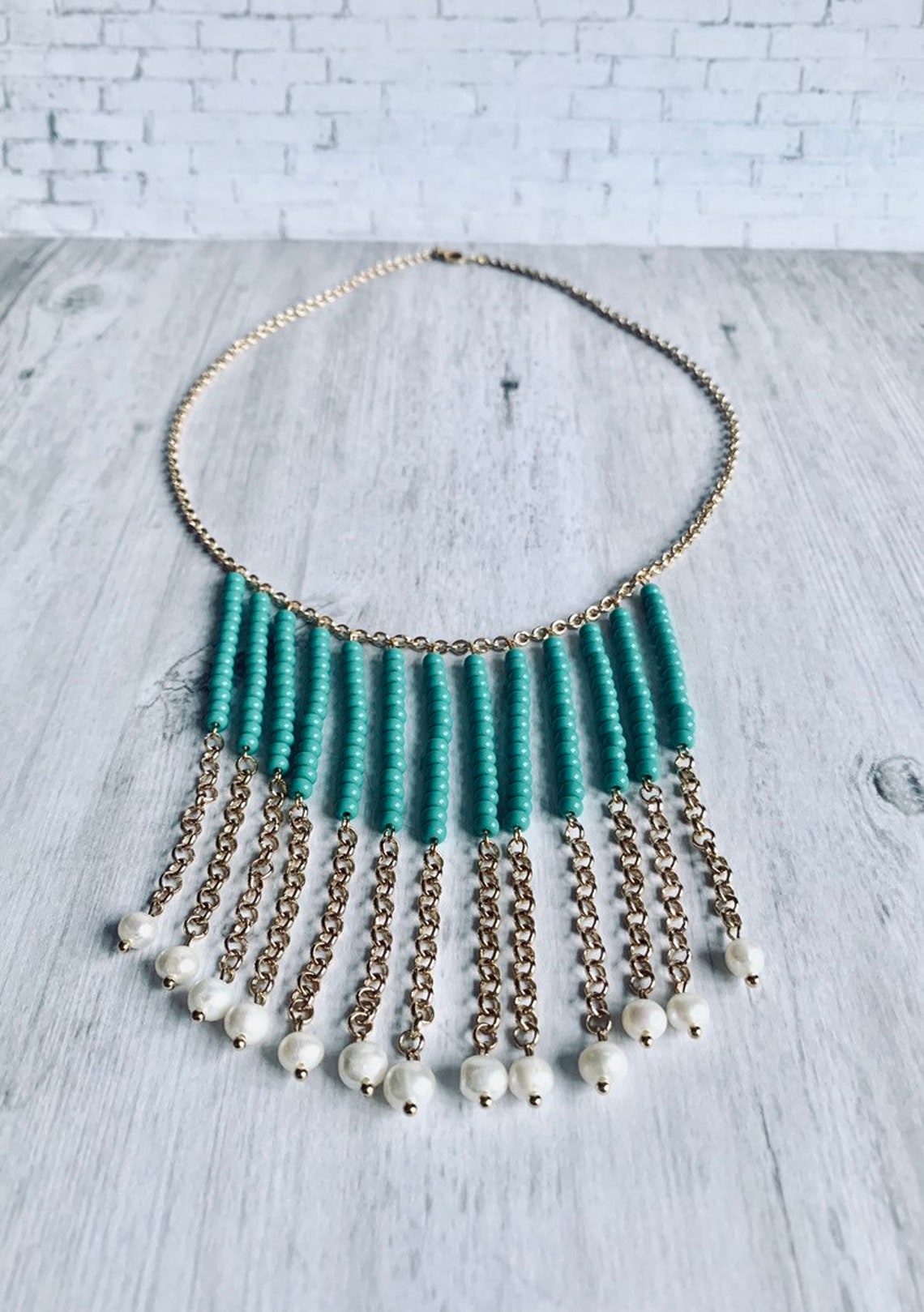 Beaded Necklace Gold and Turquoise Necklace Freshwater Pearl Etsy