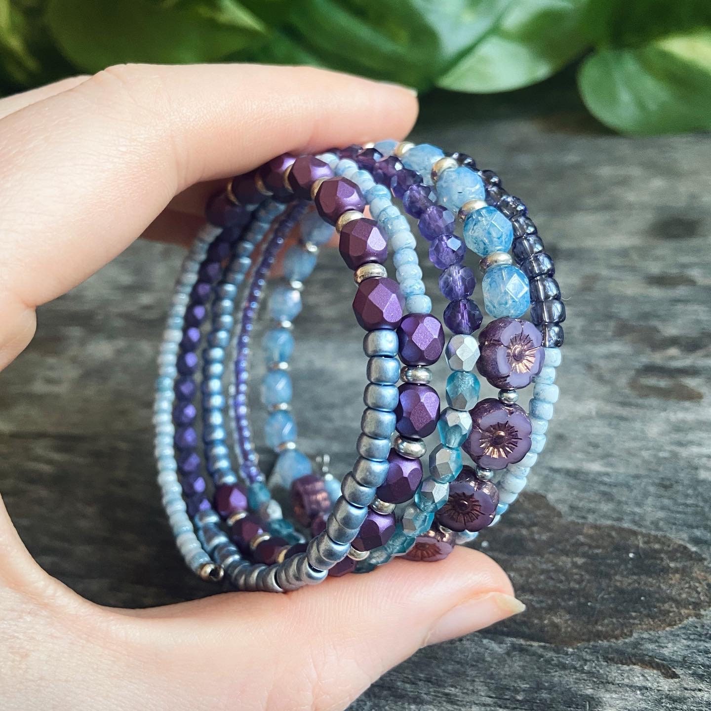 Bohemian blue and purple beaded wrap braceletmemory wire | Etsy