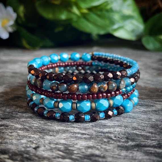 Memory Wire Bracelet Set in NATURE colors - wood, 11/0 seed beads