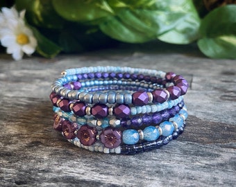 Boho Beaded Memory Wire Bangle: Amethyst & Czech Glass Bracelet