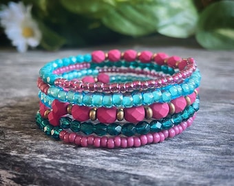 Memory Wire Bangle - Memory Wire Cuff Bracelet - Wrap Around Boho Bracelet - Memory Wire Wrap Bracelet - Multilayered Beaded Bracelet