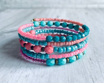 Memory Wire Bangle - Memory Wire Cuff Bracelet - Wrap Around Boho Bracelet - Memory Wire Wrap Bracelet - Multilayered Beaded Bracelet