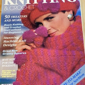 May include: A vintage Family Circle magazine cover with the word "KNITTING" in large letters. The cover model wears a pink and red knitted sweater and hat. Text includes "50 SWEATERS AND MORE" and "EASY-TO-MAKE Sweater Section."