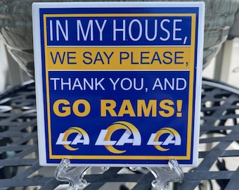 The LA RAMS !!! Handcrafted 4 x 4 Ceramic Tile with Stand