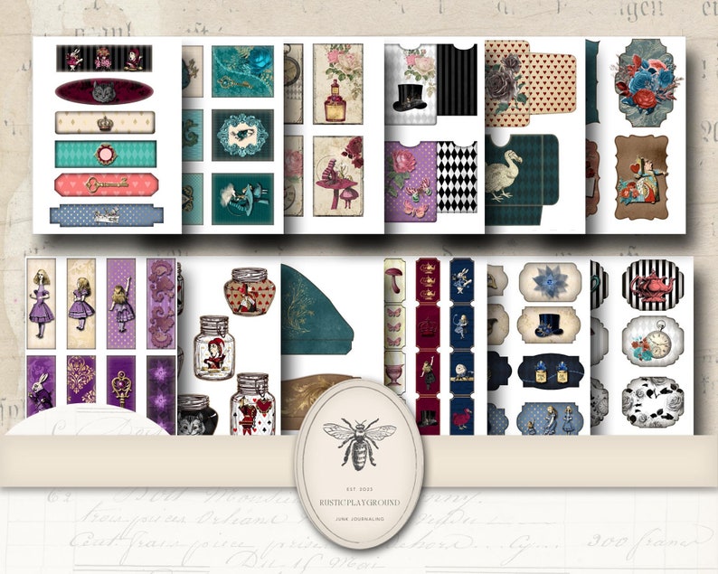 Alice In Wonderland Junk Journal Kit Printable JPG Pages with Ephemera, Cover, Tags, Rabbit, Shabby Chic Digital Paper, Digital Download image 5