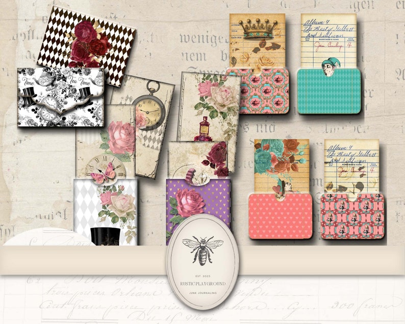 Alice In Wonderland Junk Journal Kit Printable JPG Pages with Ephemera, Cover, Tags, Rabbit, Shabby Chic Digital Paper, Digital Download image 1