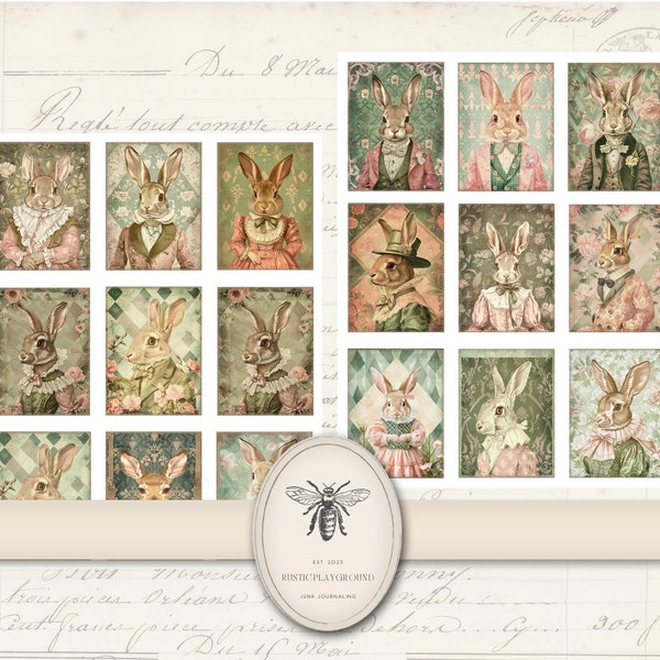 Vintage Rabbit Digital ATC Cards, Printable Easter Bunny, Victorian Art Junk Journal, Tags Kit, Old Fashioned Animal Portrait, Ephemera Pack