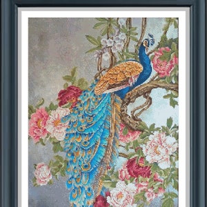 Peacock Cross Stitch Pattern, Peacock with flowers Counted Cross Stitch, Pdf instructions, Instant Download