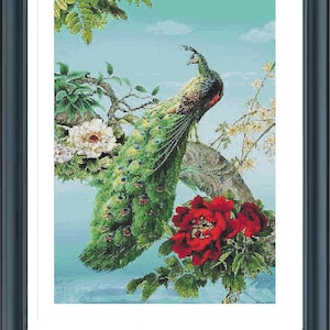 Peacock Cross Stitch Pattern, Peacock in a tree pattern, Peacock with flowers Counted Cross Stitch, Pdf, Instant Download