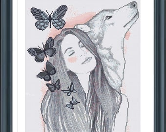 Girl with Wolf Cross Stitch Pattern, Fantasy Cross Stitch, Easy Cross Stitch Butterfly, Pdf instructions Instant Download