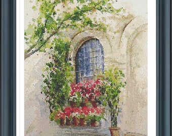 Watercolor Window Cross Stitch Pattern, Flower window Cross Stitch, Mediterranean Cross Stitch, Pdf file, Instant Download