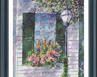 Flower Window Cross Stitch Pattern, Watercolor window Cross Stitch Mediterranean Cross Stitch, Pdf file,Instant Download