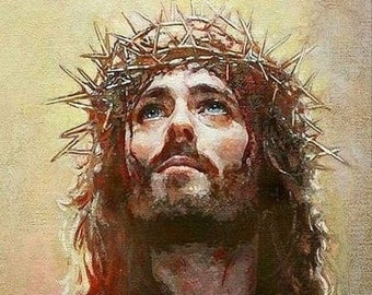 May include: A painting of a man with long brown hair and a beard wearing a crown of thorns. He is looking up with a pained expression on his face.