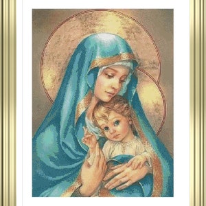 May include: A painting of the Virgin Mary holding a baby Jesus. Mary is wearing a blue robe and a gold crown. Jesus is wearing a white robe. The painting is set against a gold background.