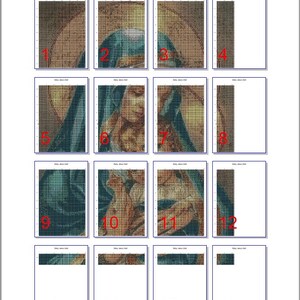 May include: A digital cross-stitch pattern of a painting of the Virgin Mary holding a baby Jesus. The pattern is divided into 16 sections, each with a number.