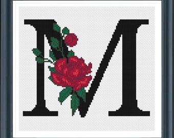 Botanical Monogram Letter cross stitch pattern, Rose flower monogram cross stitch, Letter M monogram, Pdf,Instant Download