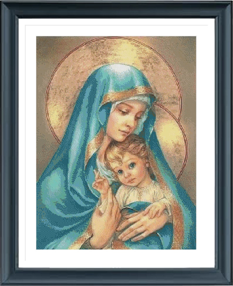 May include: A painting of the Virgin Mary holding a baby Jesus. Mary is wearing a blue robe and a gold crown. Jesus is wearing a white robe. The painting is set against a gold background.