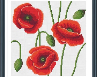 Poppies Cross Stitch Pattern, Flowers Cross Stitch, Bouquet of poppies Cross Stitch, Pdf instructions, Instant Download