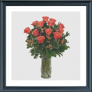 Roses Cross Stitch Pattern, Roses in Vase, Flowers Cross Stitch, Rose Bouquet Cross Stitch, Pdf Instant Download