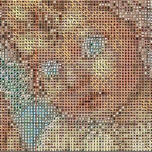 May include: A close-up of a colorful mosaic pattern with various shapes and colors, including blue, green, brown, and yellow. The mosaic is made up of small, square tiles.