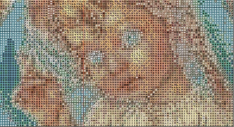 May include: A close-up of a colorful mosaic pattern with various shapes and colors, including blue, green, brown, and yellow. The mosaic is made up of small, square tiles.