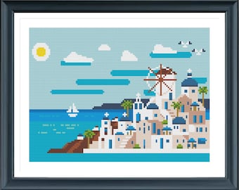 Santorini Cross Stitch Pattern Easy Cross Stitch pattern, Greece Mediterranean Santorini Cross Stitch Chart, Pdf file, Instant Download