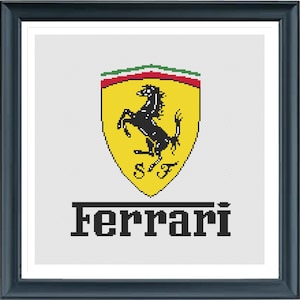May include: A black and yellow Ferrari logo featuring a black horse rearing up on its hind legs. The horse is on a yellow shield with a red, white and green stripe across the top. The word "Ferrari" is written in black below the shield.