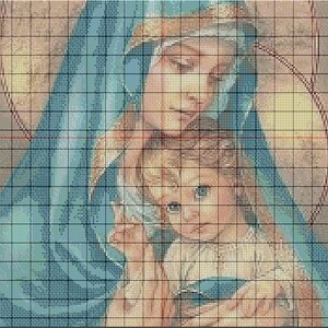 May include: A cross-stitch pattern of a mother and child. The mother is wearing a blue robe and a crown. The child is wearing a white robe. The background is a light brown color.