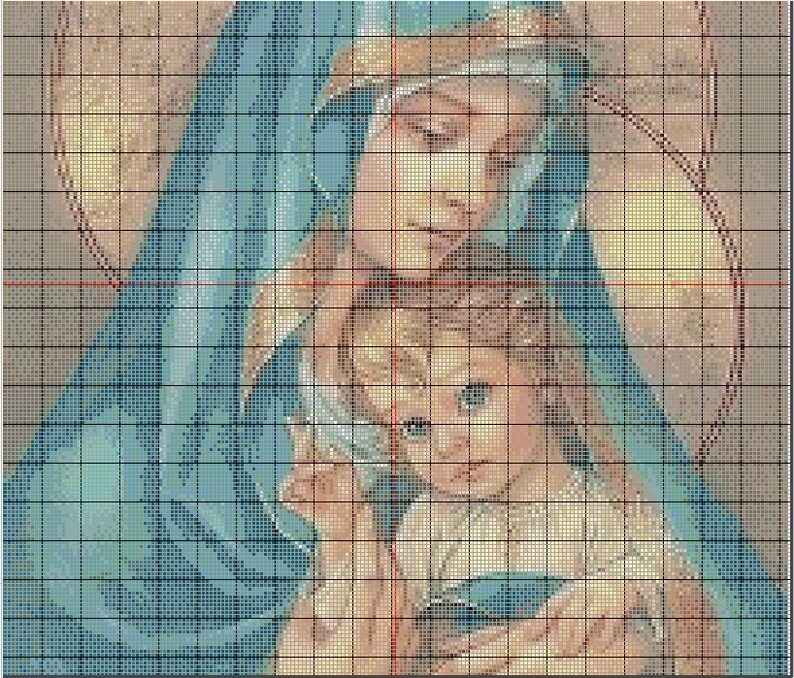 May include: A cross-stitch pattern of a mother and child. The mother is wearing a blue robe and a crown. The child is wearing a white robe. The background is a light brown color.