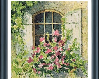 Tuscan Window Cross Stitch Pattern, Tuscany view Cross Stitch, Italy Mediterranean Cross Stitch, Pdf file, Instant Download