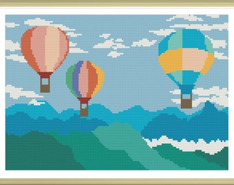 Patrón de punto de cruz de globos, patrón de punto de cruz de paisaje, instrucciones en PDF, descarga instantánea.