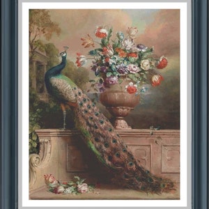 Peacock Cross Stitch Pattern Peacock painting cross stitch Peacock with flowers Stitch, Pdf instructions, Instant Download